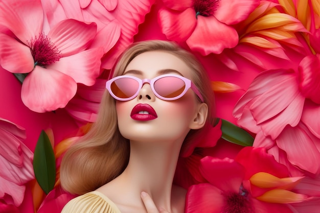 Woman wearing pink sunglasses standing in field of pink flowers with her hands on her chest Generative AI