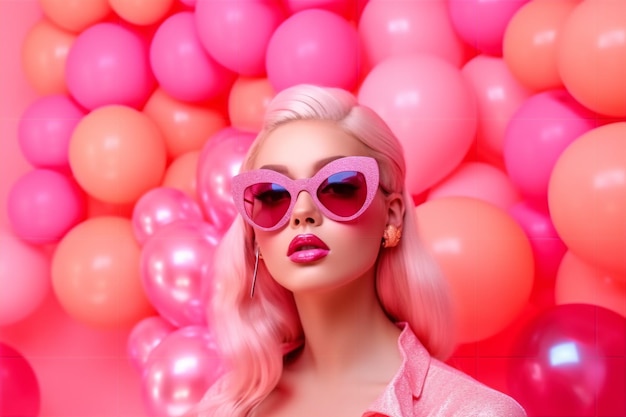 A woman wearing pink sunglasses with pink lenses and a pink shirt.