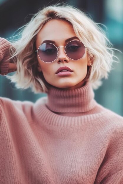 A woman wearing a pink sweater and a pink sweater with the word love on it.