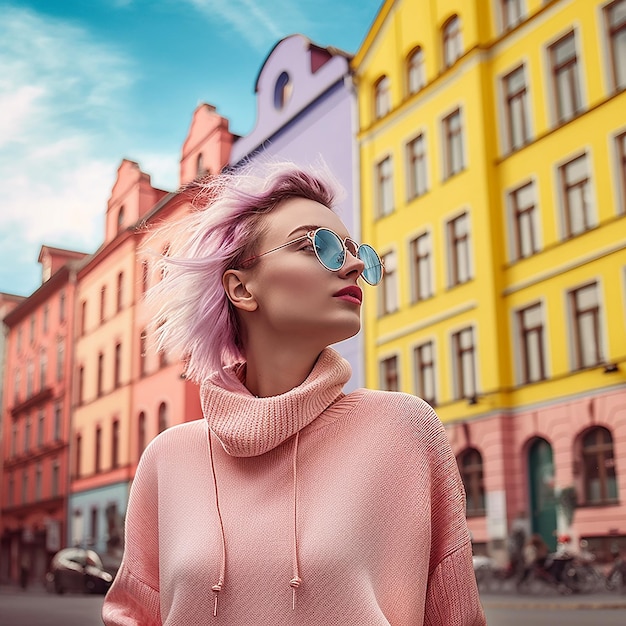 a woman wearing a pink sweater and sunglasses stands in front of a yellow building