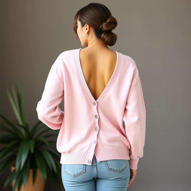 Photo a woman wearing a pink sweater with a back to the back