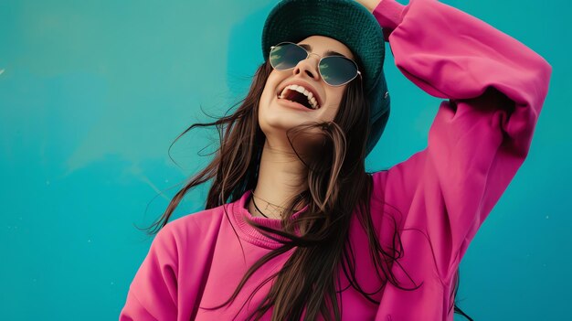 Photo a woman wearing a pink sweater with a pink hoodie on her head