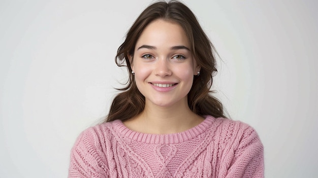 a woman wearing a pink sweater with a pink sweater on