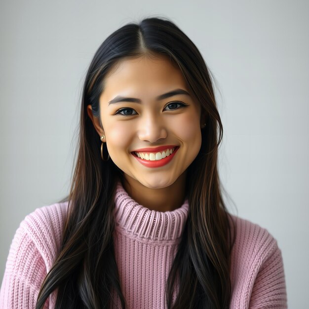 Photo a woman wearing a pink sweater with a smile on her face