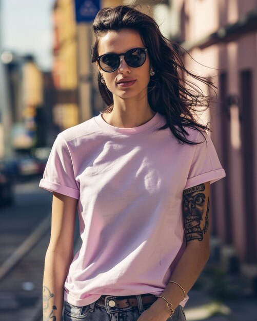 Woman wearing a pink tshirt in a city setting