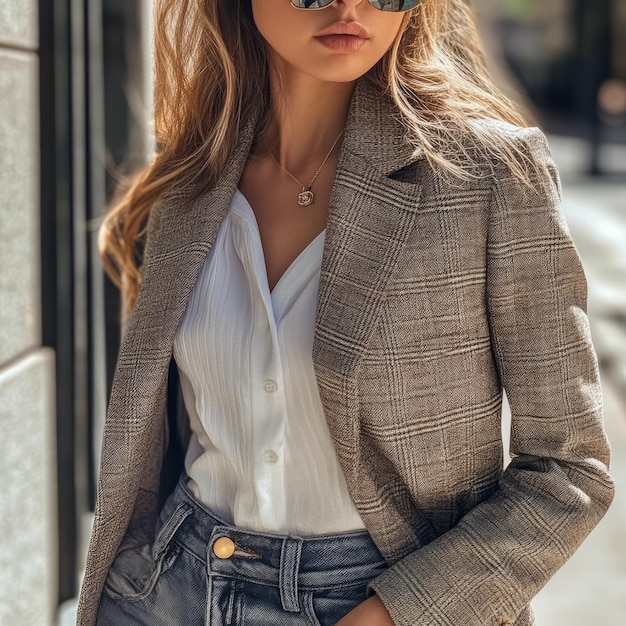 Photo a woman wearing a plaid blazer white shirt and blue jeans