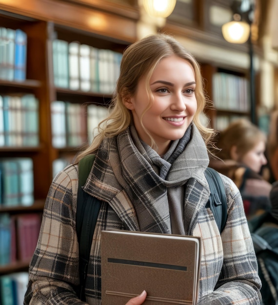 Photo a woman wearing a plaid scarf and a brown jacket is smiling and holding a book