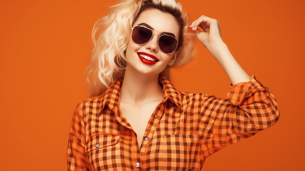 A woman wearing a plaid shirt and sunglasses stands in front of an orange background.