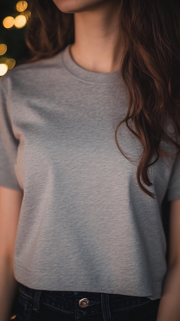 Woman wearing a plain gray tshirt