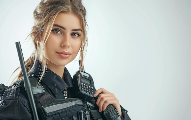 Photo a woman wearing a police uniform holding a baton and radio looking directly at the camera