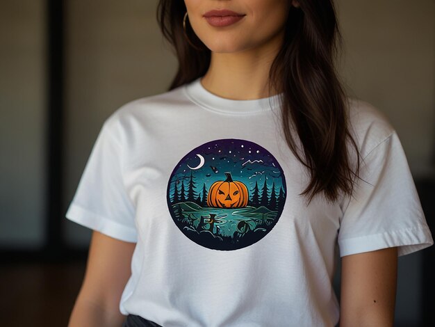 a woman wearing a pumpkin on her shirt