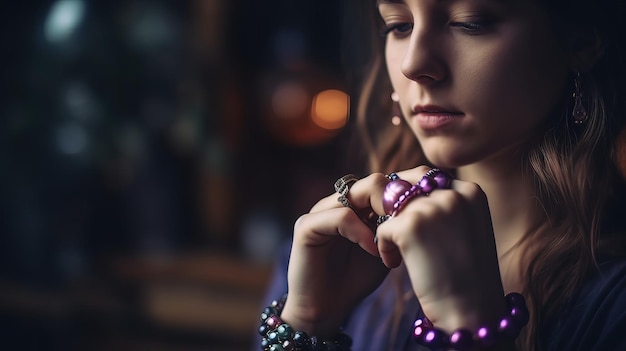 A woman wearing purple beads and a purple shirt is tying her necklace.