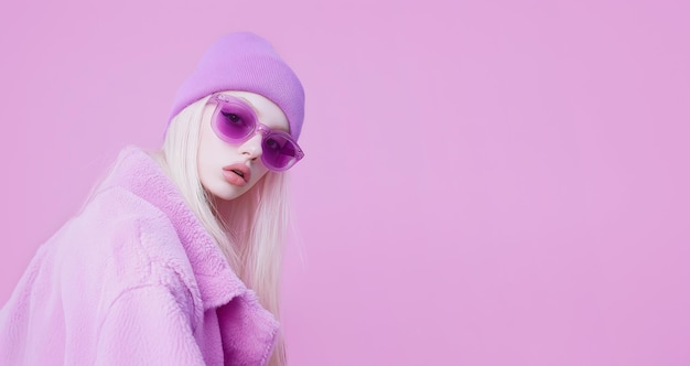 Photo a woman wearing a purple hat and purple hat is posing for a photo