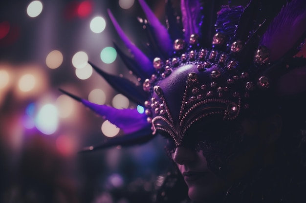 A woman wearing a purple mask with purple beads and a purple feather on her head.