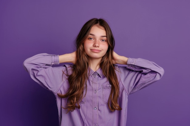 A woman wearing a purple shirt with her hands cupped over her ears possibly indicating shock or discomfort