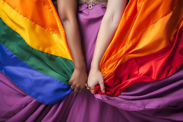 Photo a woman wearing a rainbow colored dress with the bottom half of her legs crossed