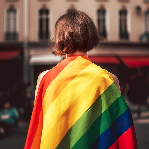 A woman wearing a rainbow colored flag stands in front of a building