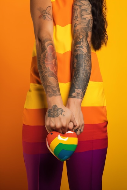 a woman wearing a rainbow colored top with a rainbow colored top on her arm