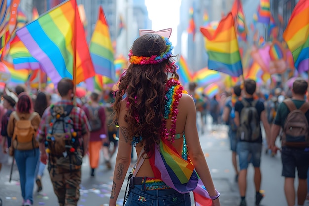 A woman wearing a rainbow headband