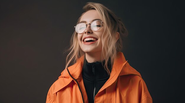 A woman wearing a raincoat and glasses smiles for the camera.