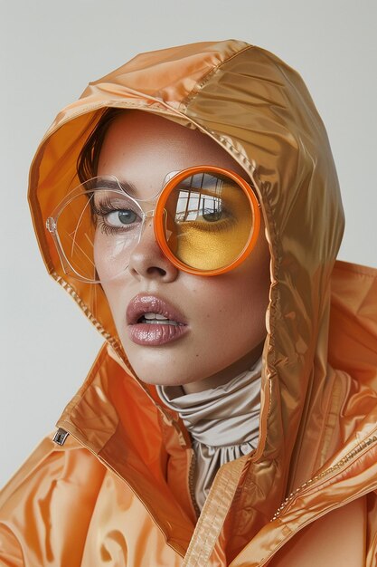 Photo a woman wearing a raincoat with a pair of orange goggles