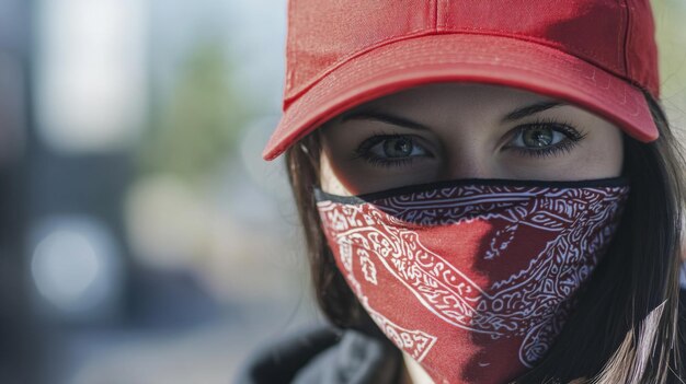 Photo woman wearing a red bandana and cap in an urban setting during daylight hours