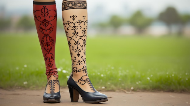 Photo a woman wearing a red and black high heeled shoe with a black lace on the bottom