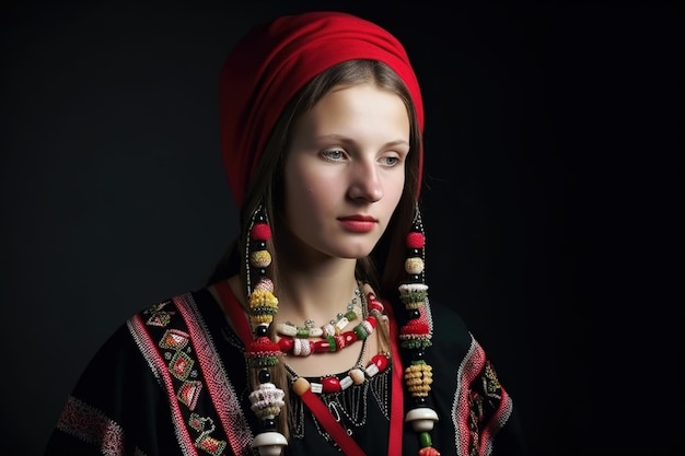 A woman wearing a red dress and a red hat with beads on it.