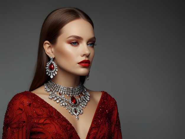 a woman wearing a red dress with an emerald and diamond necklace