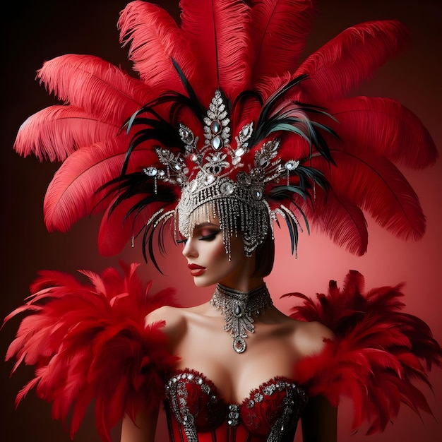 a woman wearing a red feathered hat with feathers on her head and a feathered hat with feathers on it