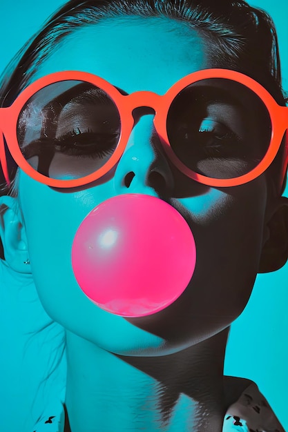 Photo woman wearing red glasses blowing a bubble