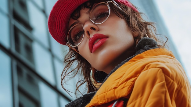 a woman wearing a red hat and glasses is wearing a red hat