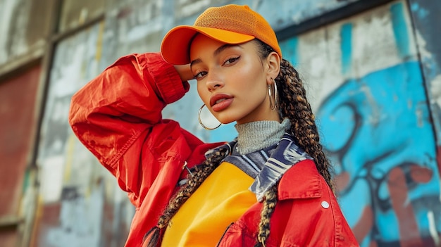 Photo a woman wearing a red hat and orange hat is posing with her hands behind her head