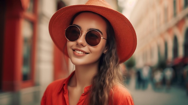 A woman wearing a red hat and red sunglasses smiles.