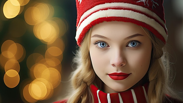 a woman wearing a red hat and red sweater