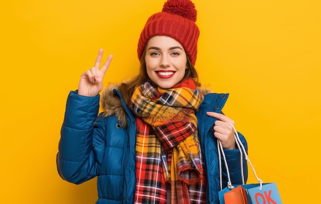 a woman wearing a red hat and scarf with the word peace on it