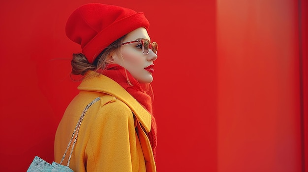 Photo a woman wearing a red hat and sunglasses is wearing a red scarf