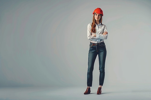 a woman wearing a red hat and a white shirt standing in front