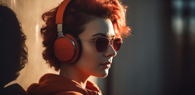 A woman wearing red headphones and a red sunglasses looks into the distance.