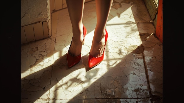 a woman wearing a red high heeled shoe stands on a floor