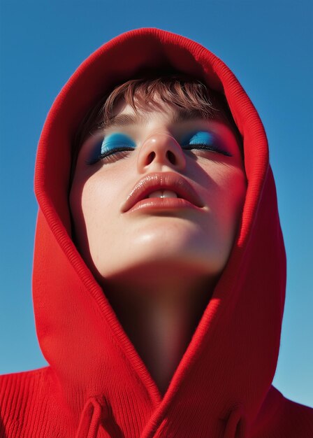 a woman wearing a red hoodie with blue eyes and a red hood