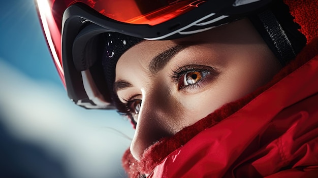 A woman wearing a red jacket and goggles