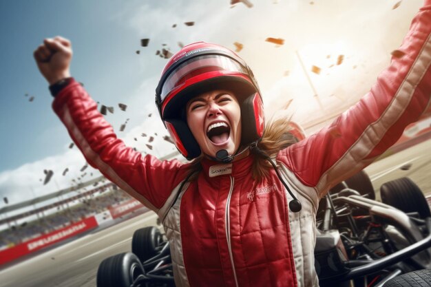 Photo a woman wearing a red jacket and helmet raises her arms up in the air this image can be used to depict celebration achievement or excitement in various contexts