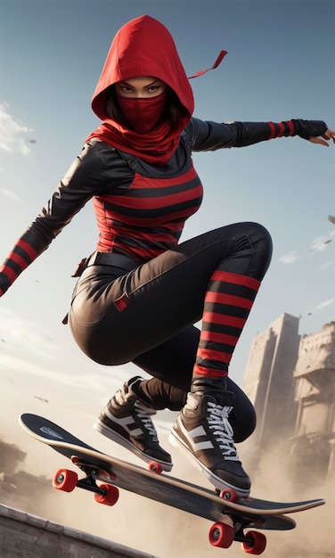 a woman wearing a red scarf that says quot she is jumping quot on a skateboard