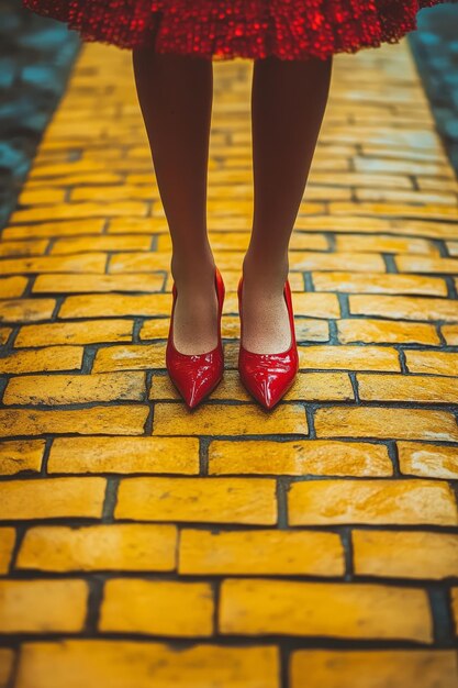 Photo a woman wearing red shoes stands on a yellow brick sidewalk