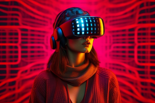 A woman wearing a red sweater and a red and black vr headset.