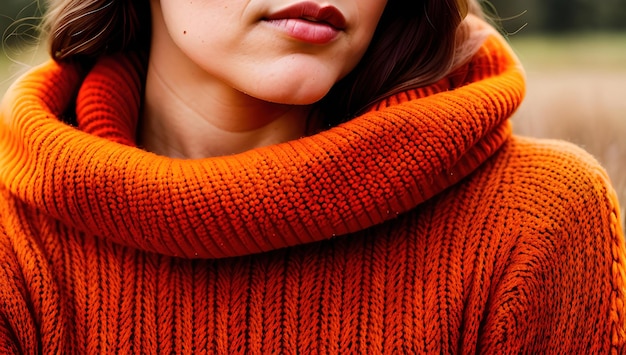 A woman wearing a red sweater with a red scarf.