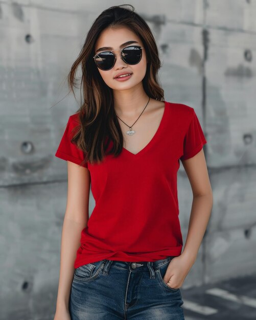 Photo a woman wearing a red vneck tshirt and sunglasses poses against a concrete wall