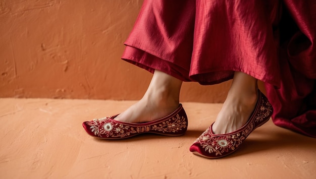 a woman wearing a red and white dress is walking on a tile floor