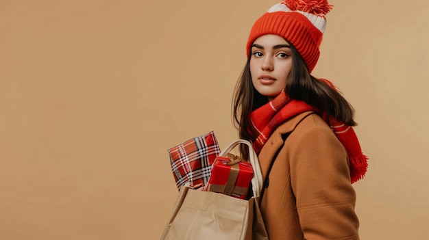 Photo a woman wearing a red and white hat with a christmas present in front of her